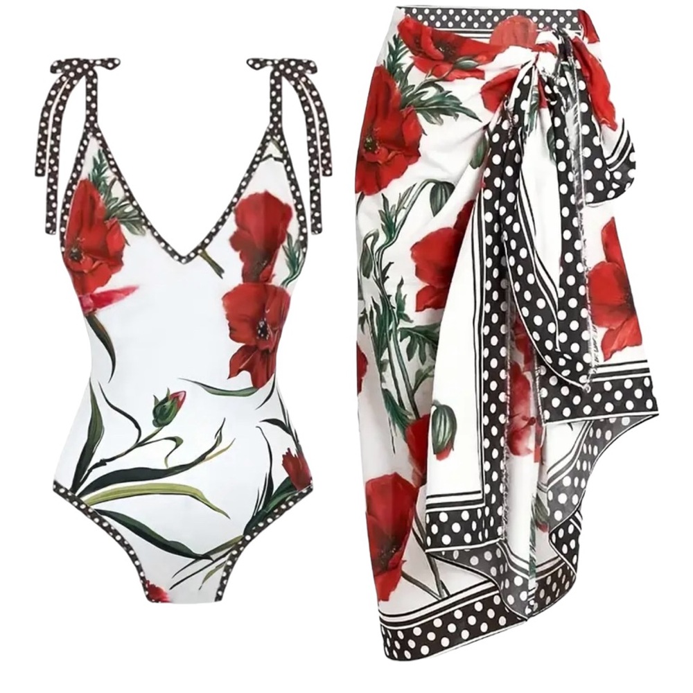 NWT AD Floral Pattern 2 Piece Swimsuits Red Multi S